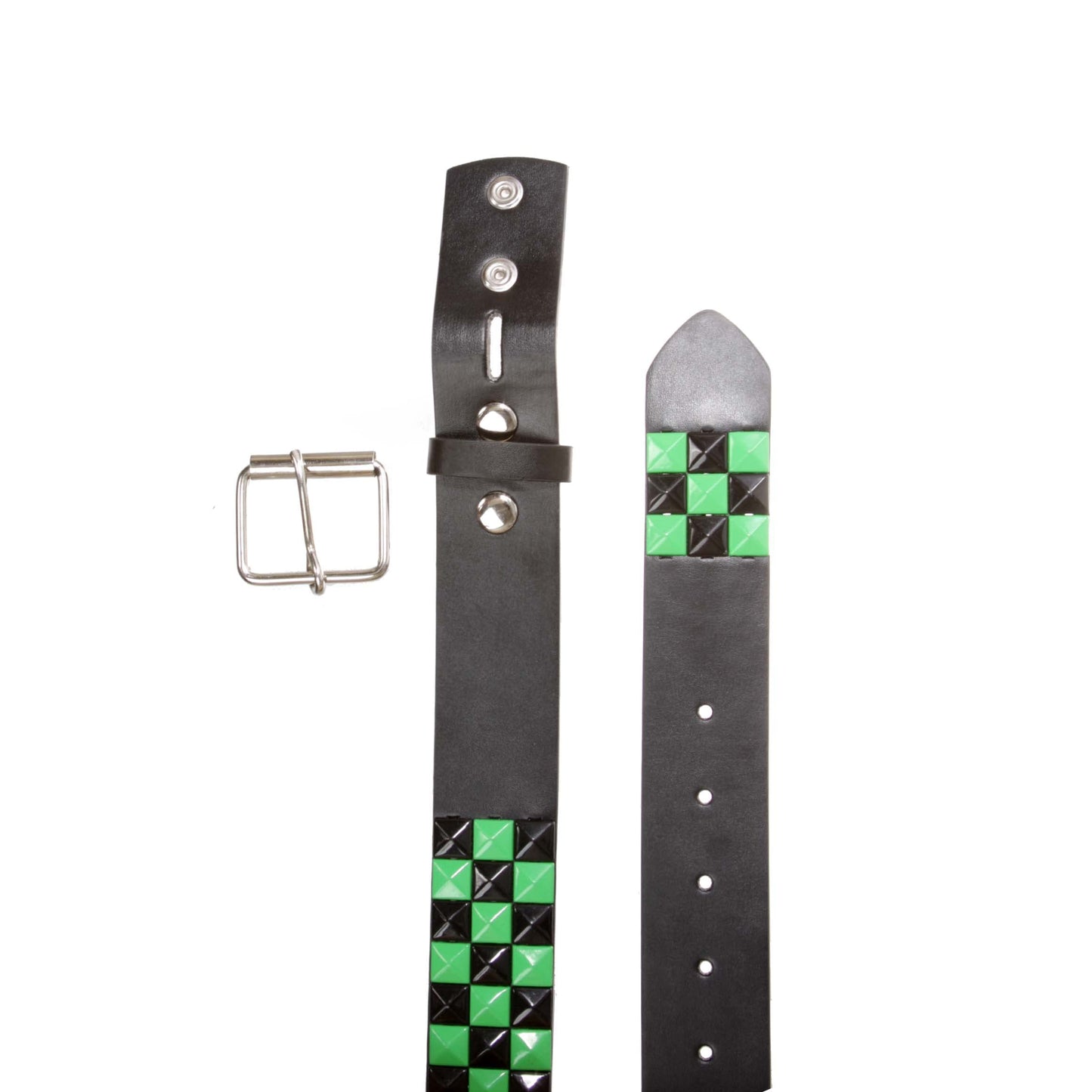 Snap On Punk Rock Black & Green Star Studded Checker Board Leather Belt, Black/Green | xs 27"-29"