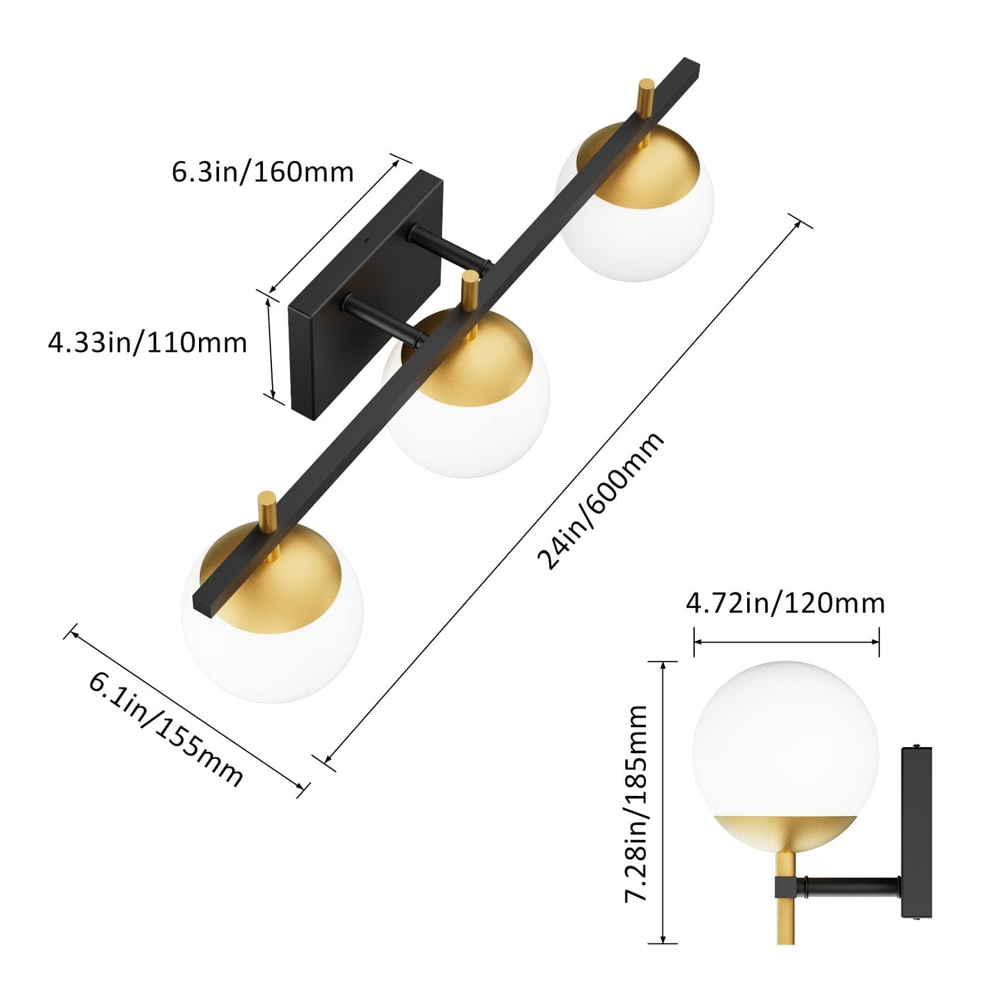 Ralbay Mid Century Modern Vanity Lights 3-Light Milky Glass Over Mirror, Black/Golden Wall Light Fixture for Bathroom (Exclude Bulb)