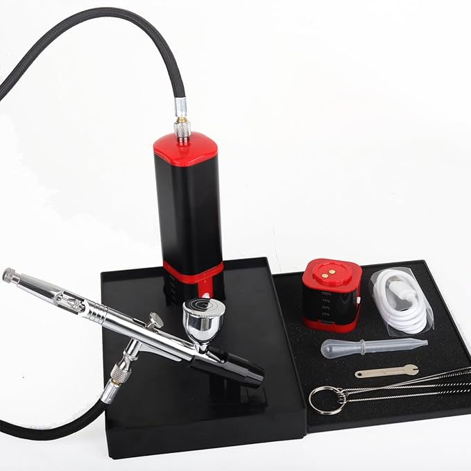 Casubaris Portable mini Airbrush kit with Holder Stable for Both air Brush Pen and Rechargeable Airbrush Compressor with Replaceable Battery for Nail,Barber,Models,Art,Cake Decorations etc.