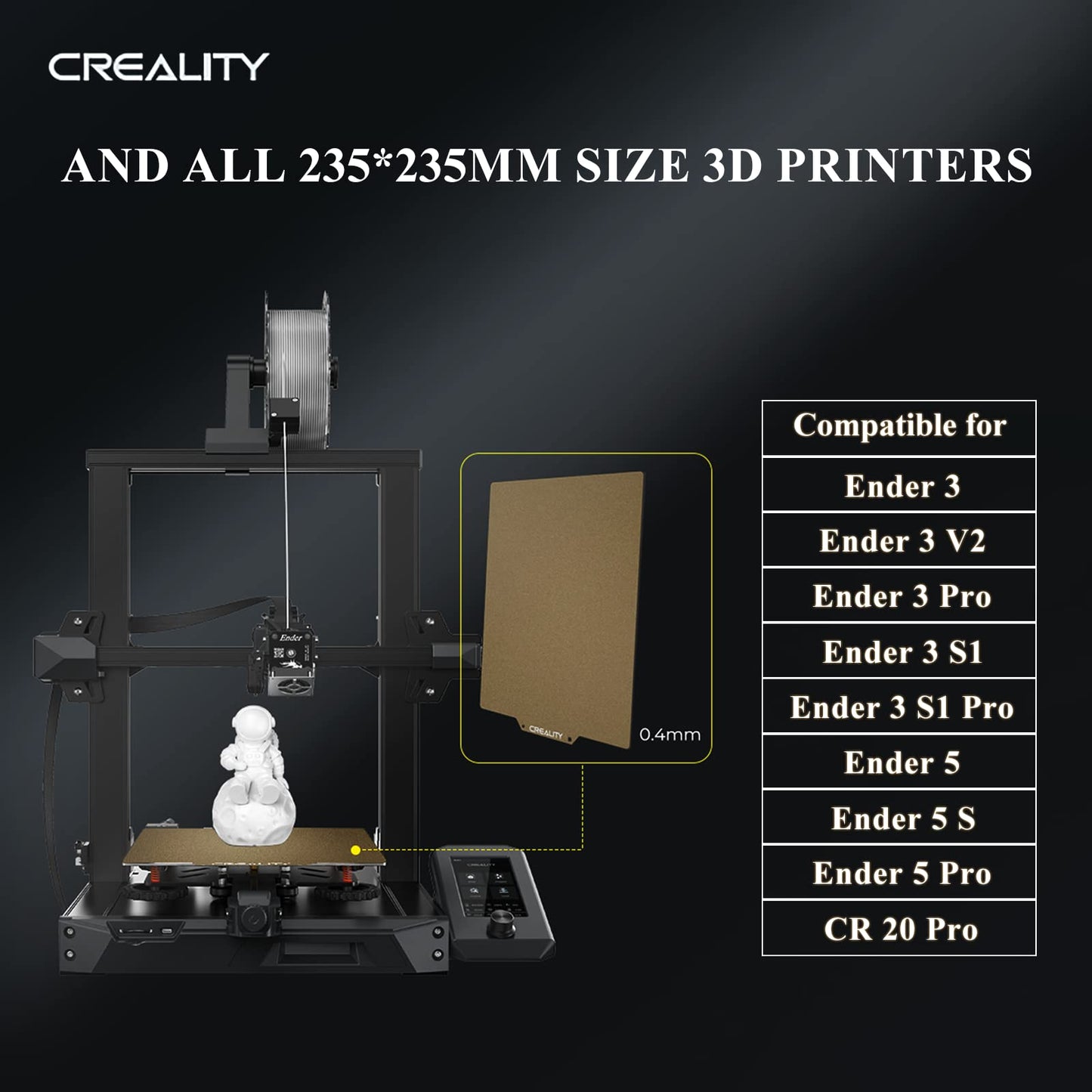 Creality Official PEI Plate with Adhesive for Creality Ender 3/Ender 3 Pro/Ender 3 V2/Ender 3 S1/Ender 3 S1 pro/Ender 3 neo/Ender 3 v2 neo/Ender 5/Ender 5 Pro and All 265*250*8mm, Size 3D Printer