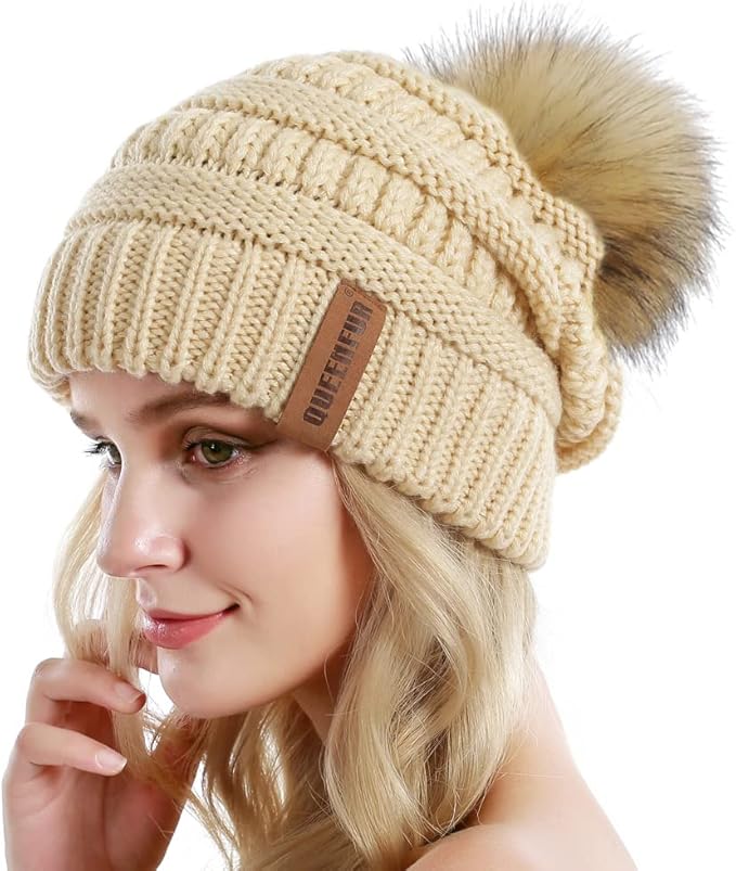QUEENFUR Women Knit Slouchy Beanie Chunky Baggy Hat with Faux Fur Pompom Winter Soft Warm Ski Cap