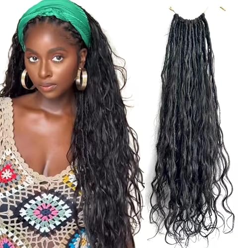 Pre-looped Crochet Boho Faux Locs with Human Hair body wave Ends Boho Hair Braids Goddess Dreadlocks Hair for Black Women Natural Color 22 Inch (Pack of 1)