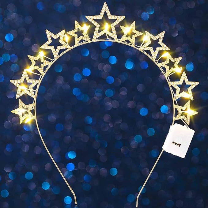 DRESBE Light Up Star Headband New Year Rhinestone LED Headbands NYE Glow Party Hair Accessories for Women (Gold)