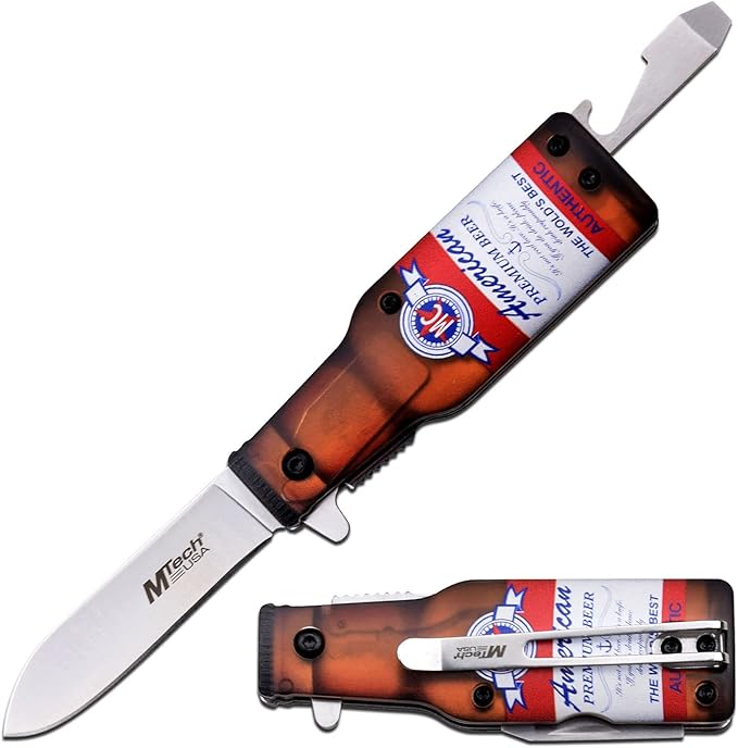 MTECH USA Folding Pocket Knife, 2.5" Blade, Beer Bottle Design, with Bottle Opener and Pocket Clip, EDC (Red)