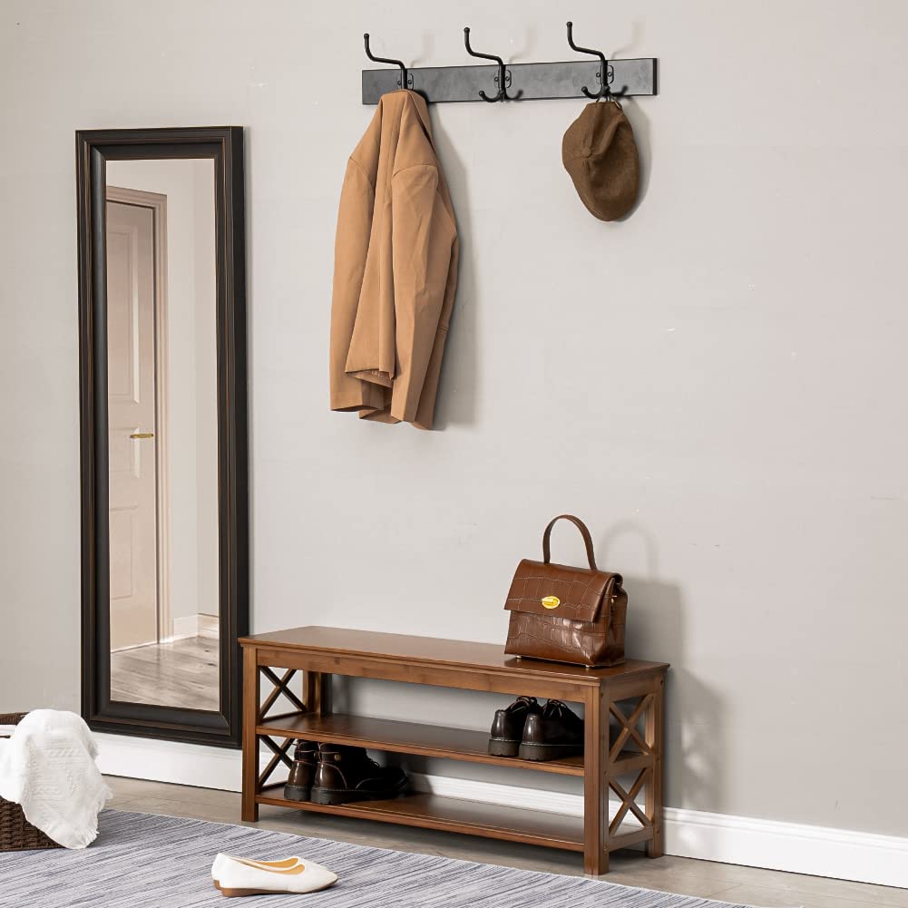 Bamworld Shoe Bench with Storage 3 Tier Bamboo Shoe Benche Entryway Rustic Solid Wood Entryway Bench (X-Brown,39.4")