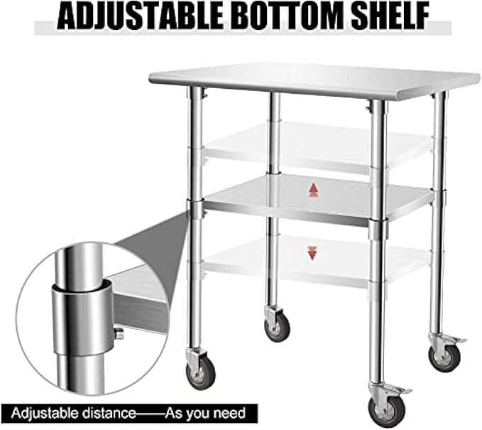 Stainless Steel Table - Metal Table Cart - Commercial Workbench with Caster Wheel - NSF Certified - for Restaurant, Warehouse, Home, Kitchen, Garage,30''x24''