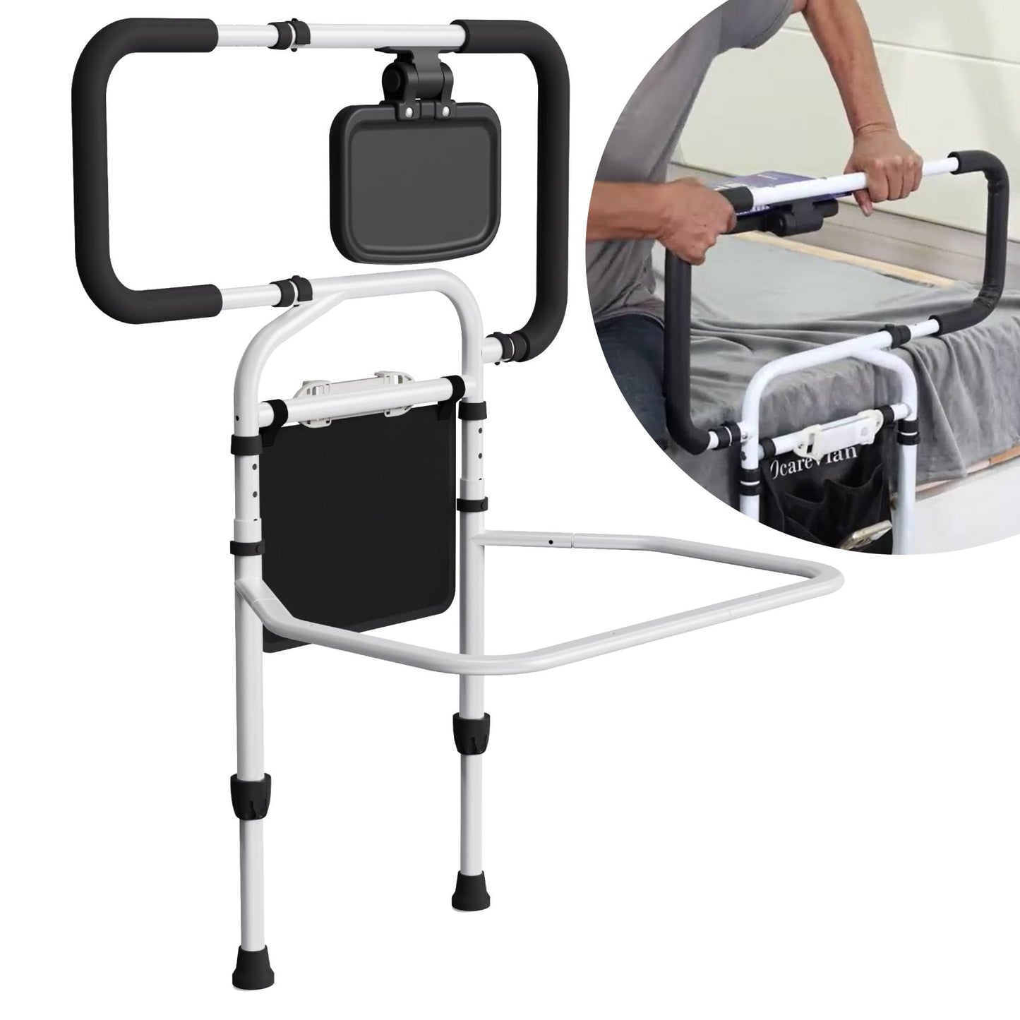 Ocarevian Bed Rails for Elderly Adults Safety, Adjustable Bed Cane for Seniors, Extendable Assist Handle with Side Table, LED Light & Carry Bag, Fits Queen, King, Twin Mattresses (Black + White)