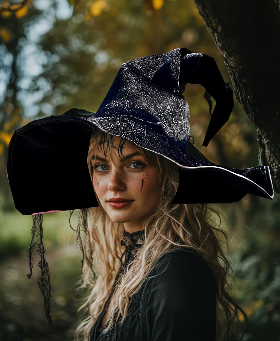 Esaleely Black Witch Hat Adult Halloween Cosplay Costumes Accessory for Women Wicked Witches Hats Decor (Black)