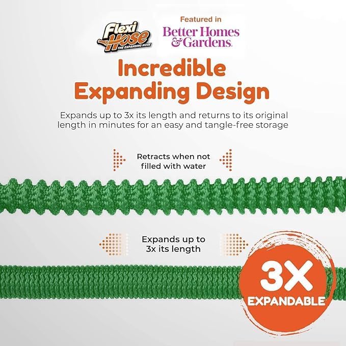 Flexi Hose with 8 Function Nozzle, 25FT - Lightweight Expandable Garden Hose, No-Kink Flexibility, 3/4 Inch Solid Brass Fittings and Double Latex Core - Green