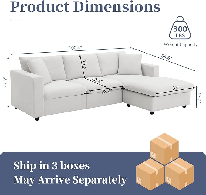KIVENJAJA White Cloud Couch for Living Room Apartment Small Spaces, Linen L Shaped Modular Sectional Sofa with Convertible Ottoman Chaise, Modern Minimalist, Metal Frame, 100.4" W 3 Seater