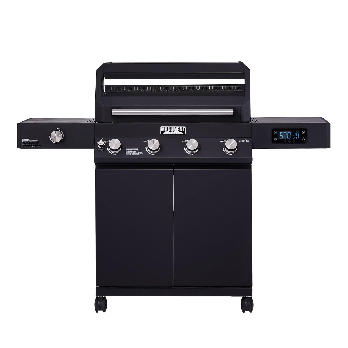 Monument Grills Denali Series, 4+1 Liquid Propane Gas Smart BBQ Grill, 4 Burners & 1 Side Burner Denali 425 with Smart Technology and Knob Controls, Black
