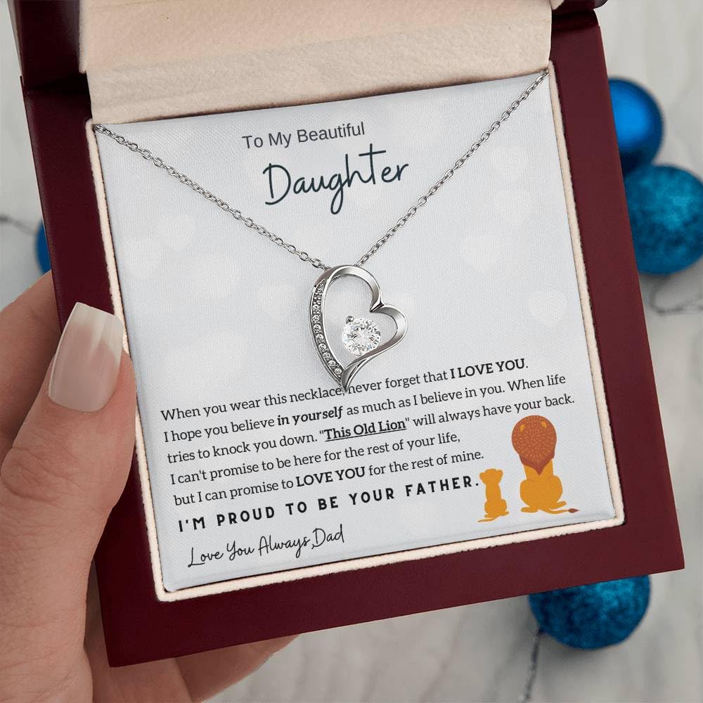Momavo Jewelry Daughter Gift: Father to Daughter Christmas Birthday Gift, Forever Love Necklace (Luxury Box w/ LED LIGHT, 14k White Gold Finish)