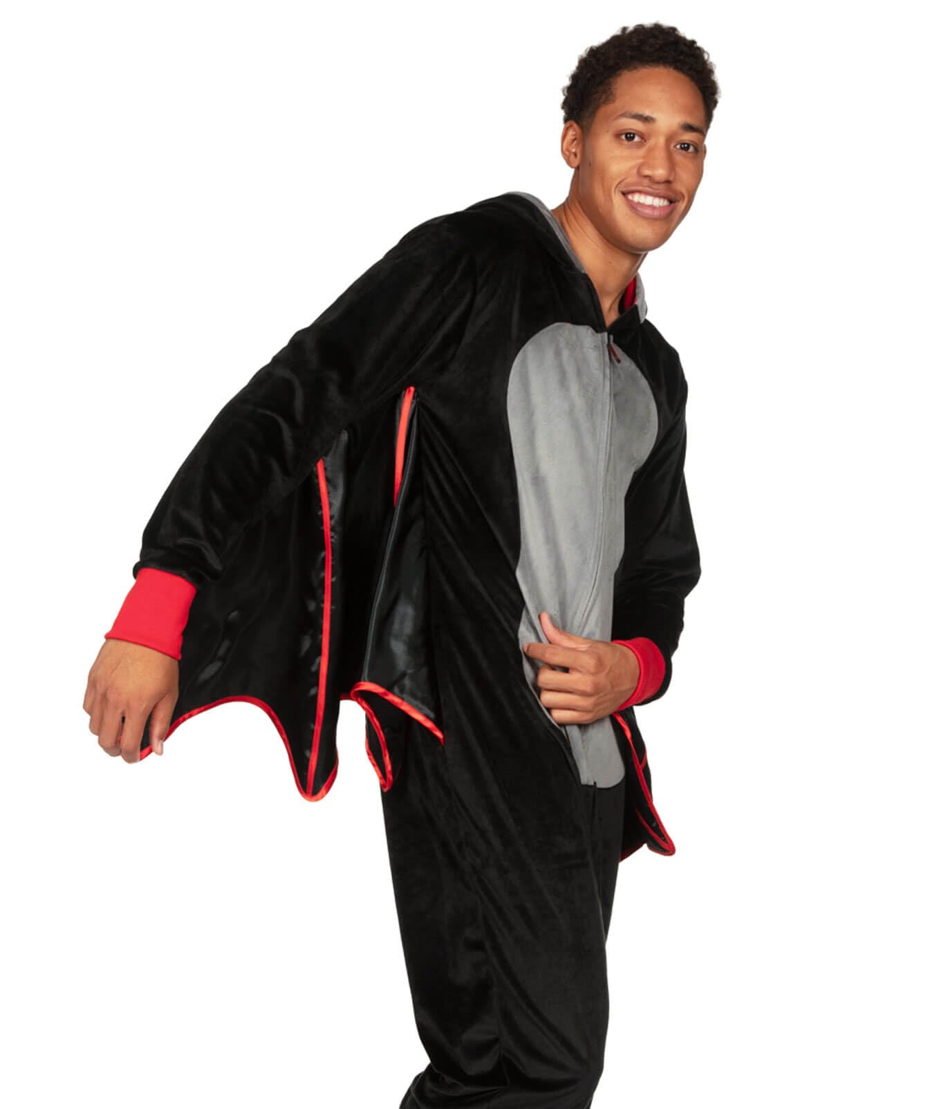 Tipsy Elves Men's Bat Halloween Costume - Funny Flying Animal Halloween Jumpsuit with Attached Wings - Black Bat Halloween Costume Including Hood with Integrated Teeth and Stuffed Ears Size Large