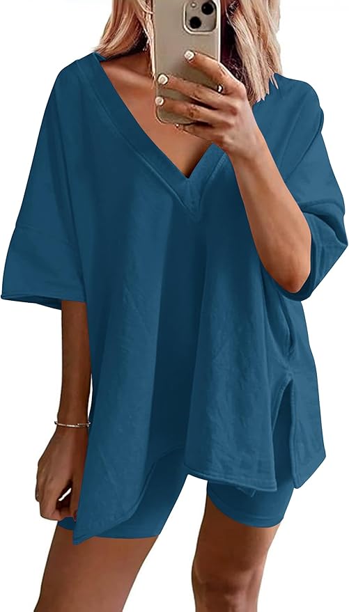 Ekouaer Womens Pajamas 2 Piece Lounge Sets Oversized V Neck T-Shirts Tops Biker Shorts Set Workout Reversible Tracksuit S-XXL