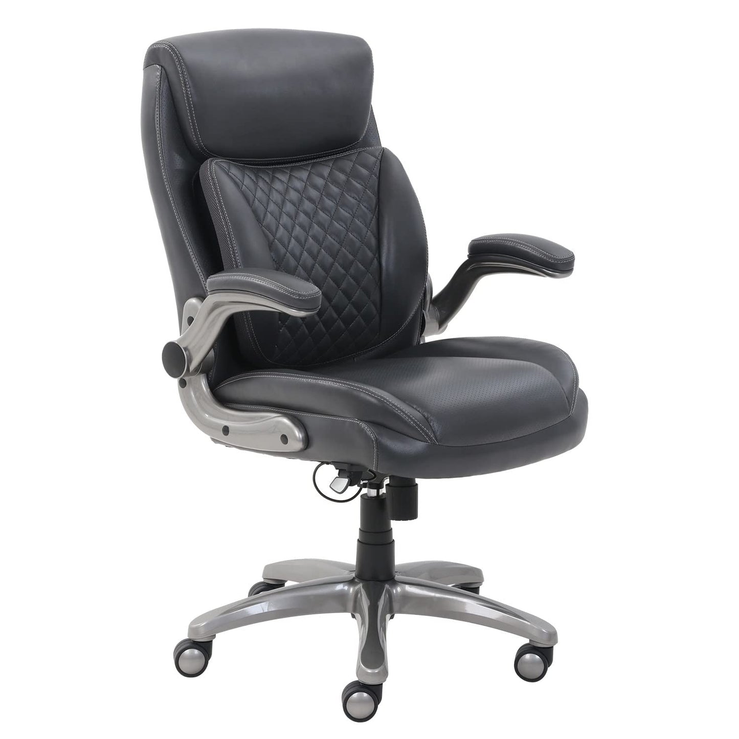 Amazon Basics Ergonomic Executive Office Chair with Adjustable Lumbar Support, Flip-up Arms, Height Adjustable, 360° Rolling Swivel, Computer Desk Chair, Grey Leather