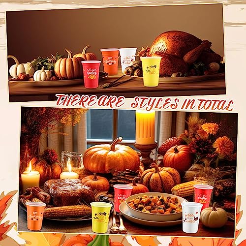 Uiifan 100 Pcs Thanksgiving Plastic Cups 16 oz Disposable Fall Party Cup Friendsgiving Plastic Stadium Cups Turkey Pumpkin...