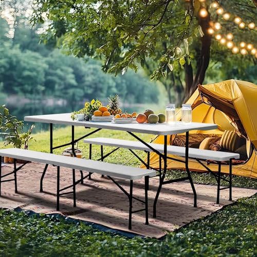 SAVWAY 6 Feet Picnic Table Set with 2 Benches, 6ft Folding Camping Table Chair Set for Indoor Outdoor Use, 3-Piece 6 ft Po...