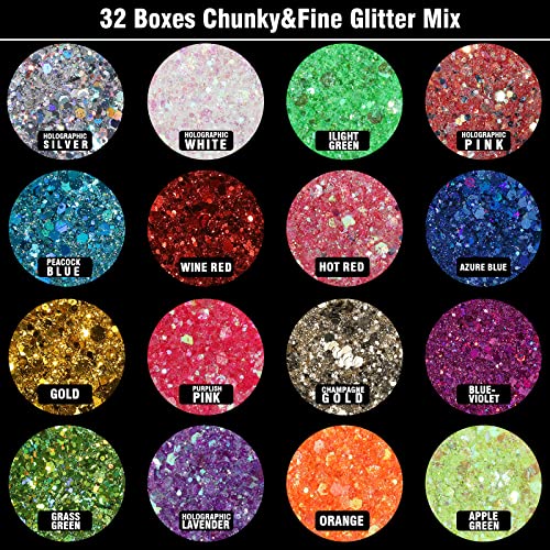 Festival Chunky and Fine Glitter Powder Mix, Teenitor 32 Colors Chunky Sequins, Iridescent Glitter Flakes, Cosmetic Face B...