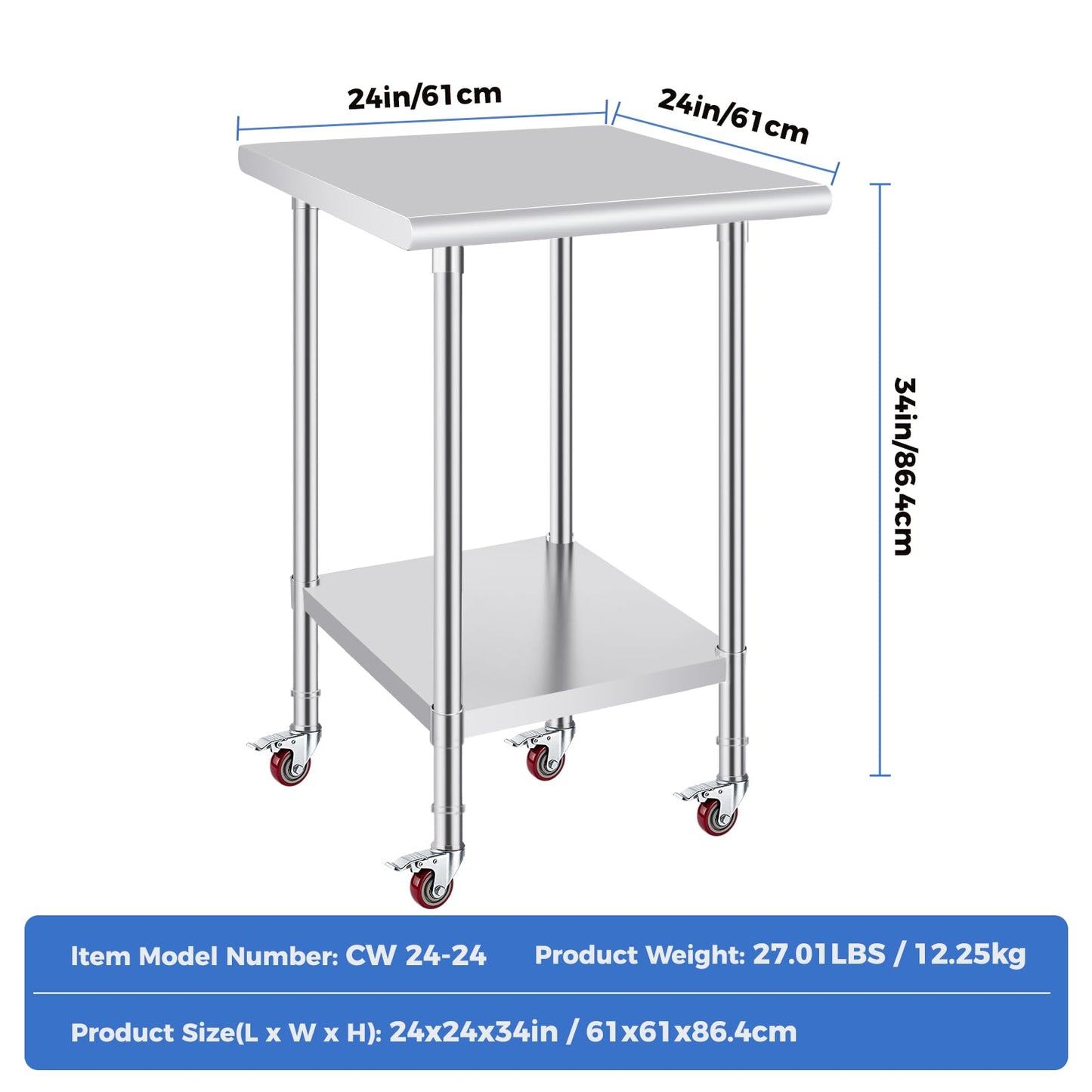 OSTBA Stainless Steel Table for Prep & Work 24x24 Inches with Casters Wheels, NSF Metal Commercial Heavy Duty Table with Adjustable Undershelf for Restaurant Kitchen Home and Hotel