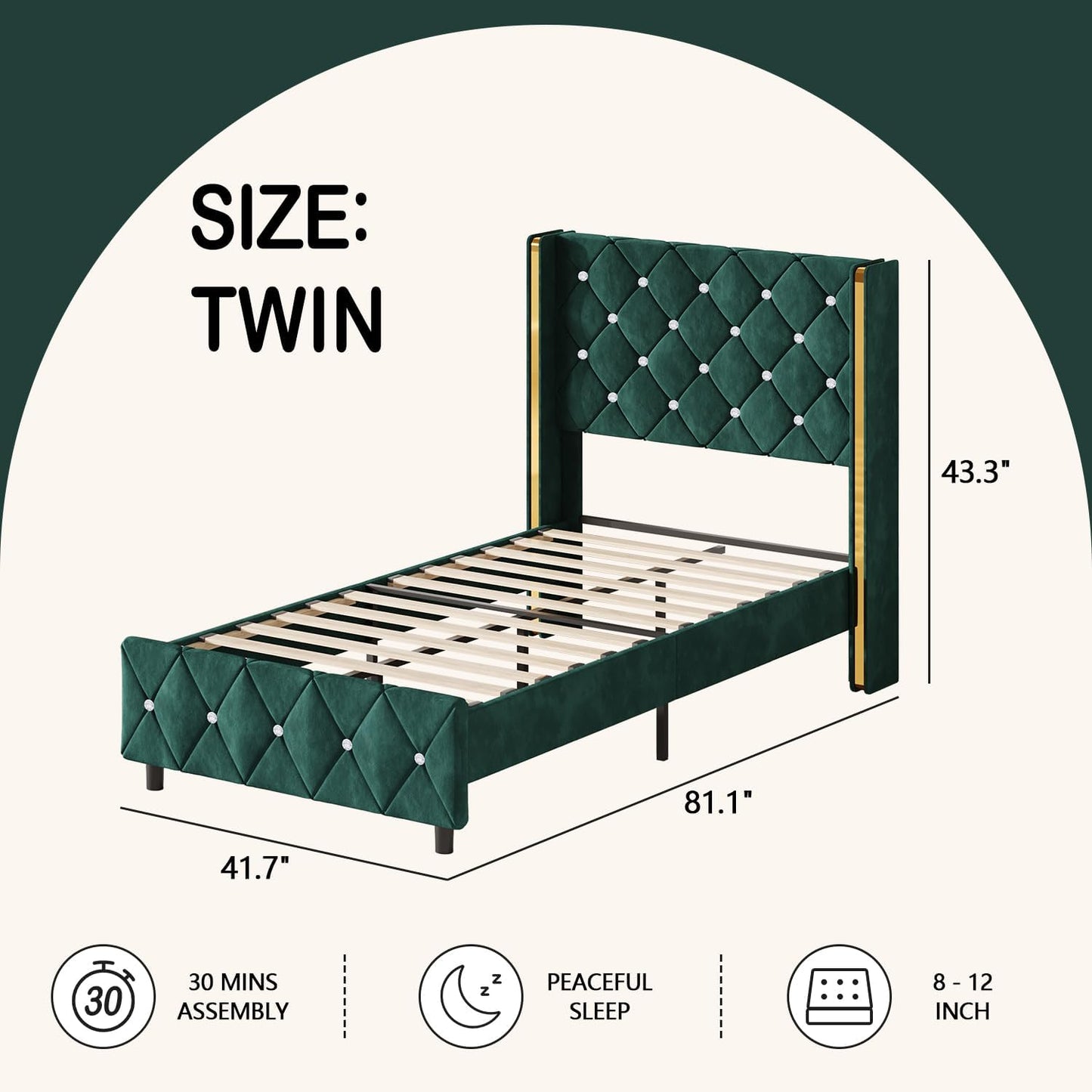 HOMBCK Twin Bed Frame with Headboard and Wingback, Upholstered Bed with Diamond Tufted Design, Kids Bed Frame with Wooden Slats Support, No Box Spring Required, Easy Assembly, Green