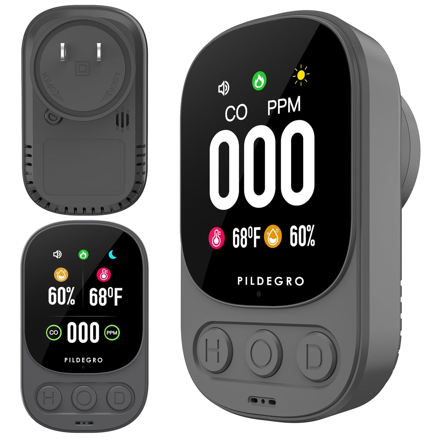 Pildegro 3-in-1 Carbon Monoxide Detector Plug in, Professional 2.1" LED Plug-and-Play Real-Time CO Monitor with Temp & RH, Premium Portable Travel CO Alarm with 85dB Loud Alarm (Grey/Timeless)