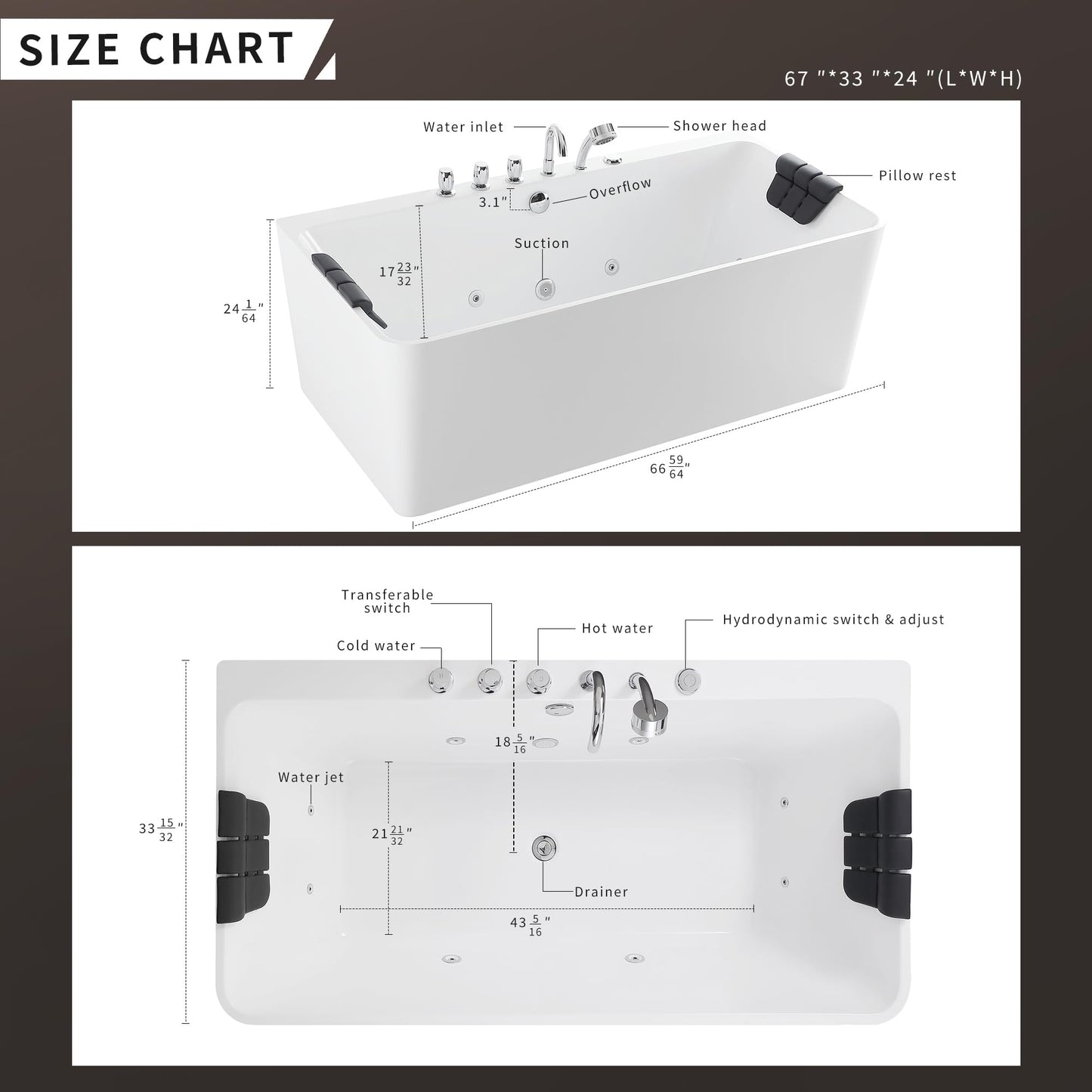 Empava 67-Inch Freestanding Whirlpool Bathtub Rectangular with 8 Hydromassage Water Jets Luxury Acrylic Massage SPA Soaking Bath Tub Double Ended