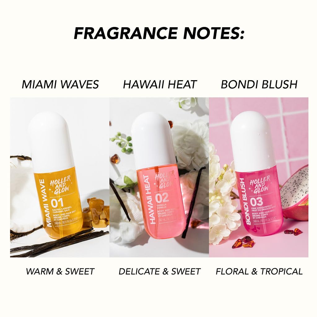 Holler and Glow Hawaii Heat Body & Hair Mist, Warm Vanilla, Peony & Amber Scent, Long-Lasting Daily Fragrance, Lightweight, Vegan, Cruelty-Free, Alcohol-Free, Hydrating Hair Perfume, 8.11 Fl Oz