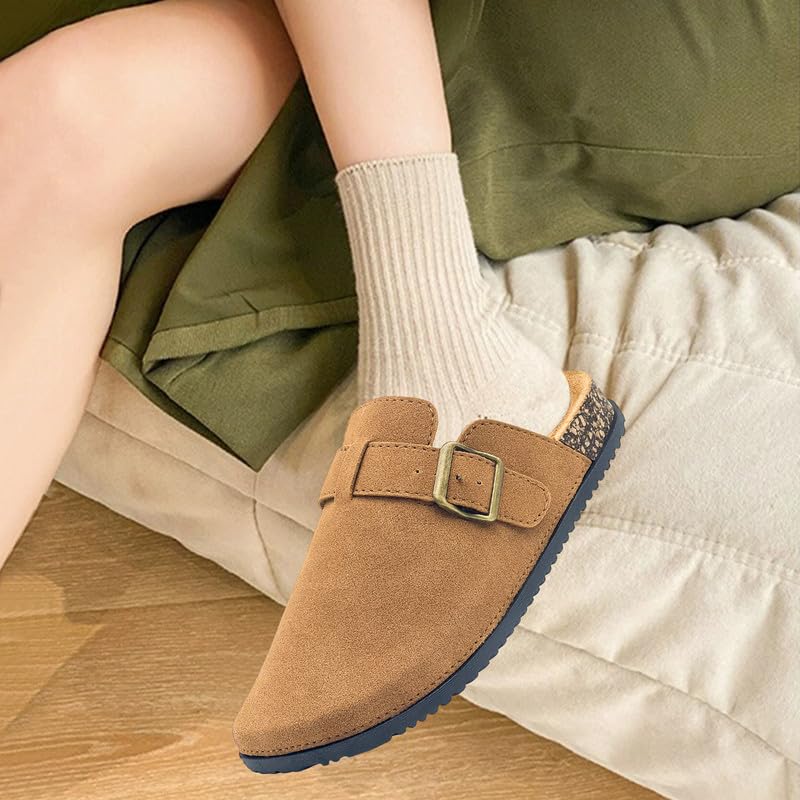 Suede Clogs for Women PU Sandals Cork Footbed Slip-on Slippers Indoor Outdoor Cute Sandals Classic Adjustable Buckle Beige