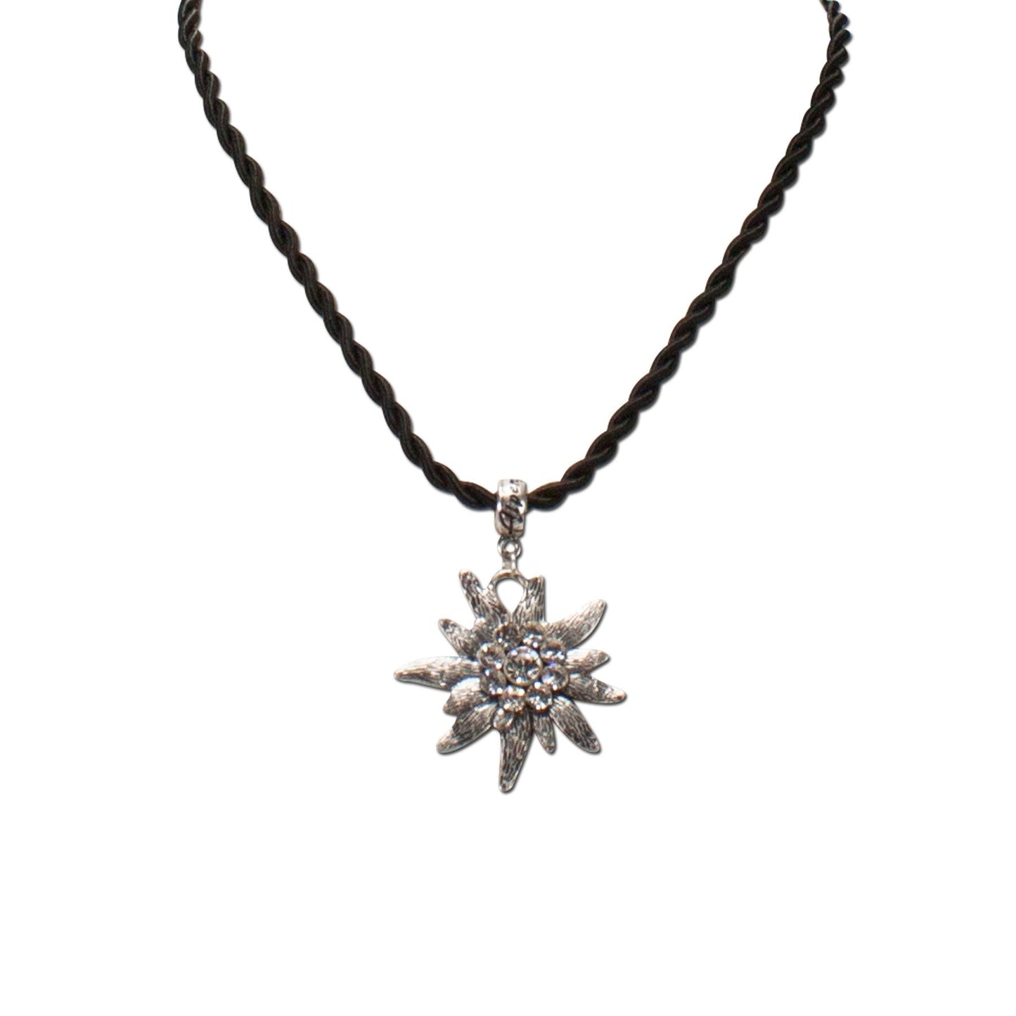 Alpenflstern Bavarian drawstring cord necklace with rhinestone Edelweiss, Ladies costume jewelry, traditional german pendant nec