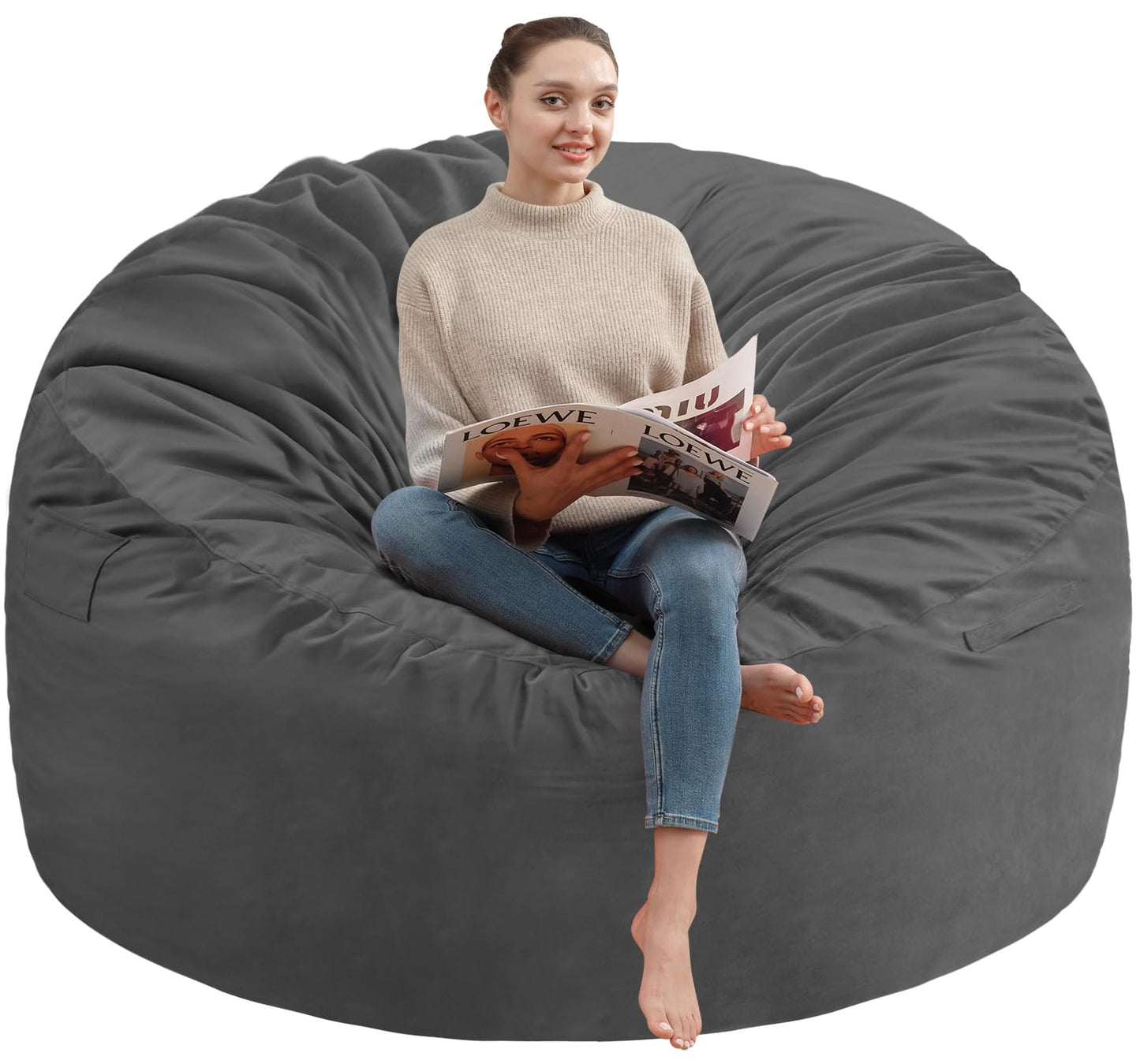 SIMFLAG 5FT Bean Bag Chair, Large Bean Bag Chairs with Memory Foam Filled, Fluffy Beanbag Sofa with Dutch Velvet Cover, Round BeanBag Chairs for Living Room, Playroom - Grey