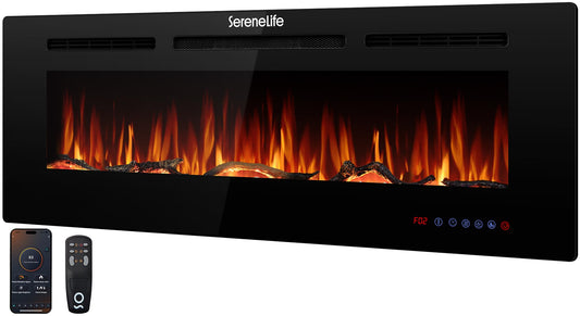 SereneLife 50 inch Electric Fireplace Heater with LED Flame, Smart Wi-Fi, Remote, Thermostat, 13 Color Modes, Recessed or Wall Mounted Fire Place, Quiet Operation, Overheat Protection, Black Frame