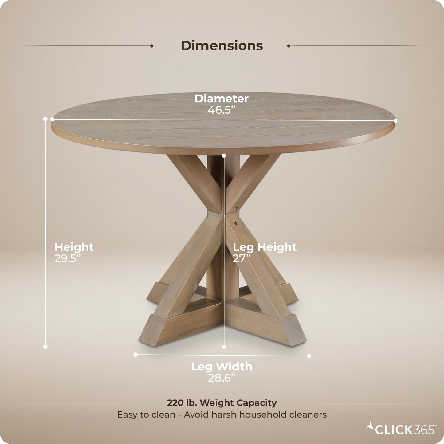 Click365 Alfred Round Solid Wood Rustic Dining Table for Farmhouse Kitchen Room Decor, Wooden Trestle Pedestal Base, 46.5" Wide Circular Tabletop, Distressed Beige