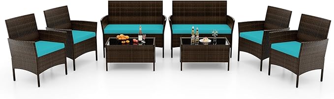 RELAX4LIFE 8-Piece Patio Furniture Set - Rattan Outdoor Conversation Bistro Set w/Cushions, Glass Coffee Table, Wicker Chairs & Loveseat for Garden Backyard Porch, Balcony Furniture Set (2, Turquoise)