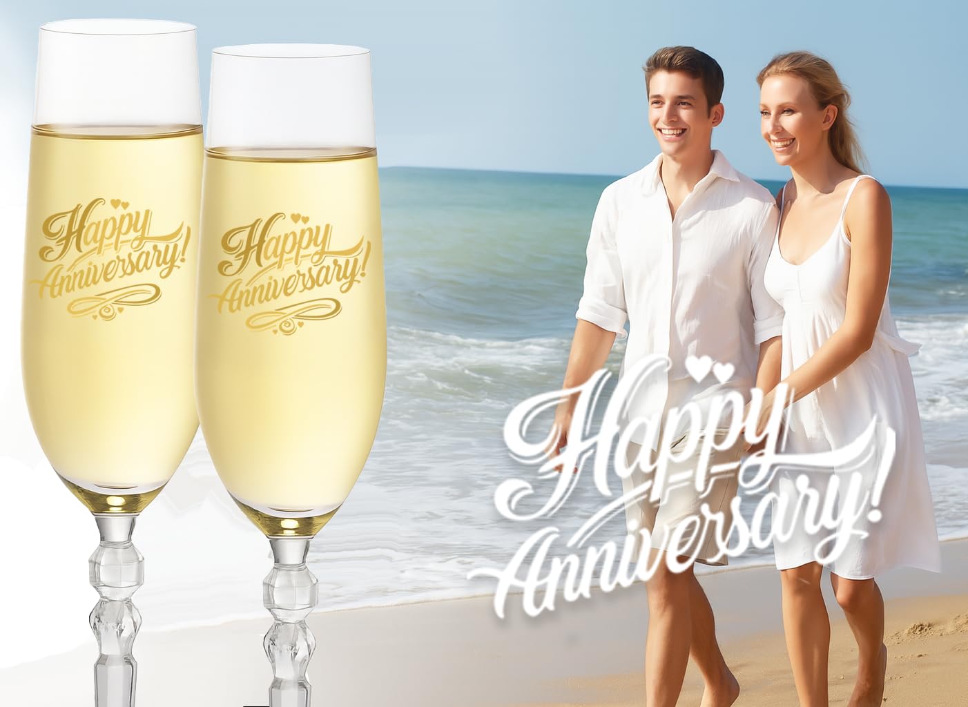 BEKESIN Happy Anniversary Decorations Gifts for Couple. Classical Style Happy Wedding Anniversary Champagne Flutes Glasses for Anniversaries of Any Year, Gifts for Men, Women, Husband, Wife
