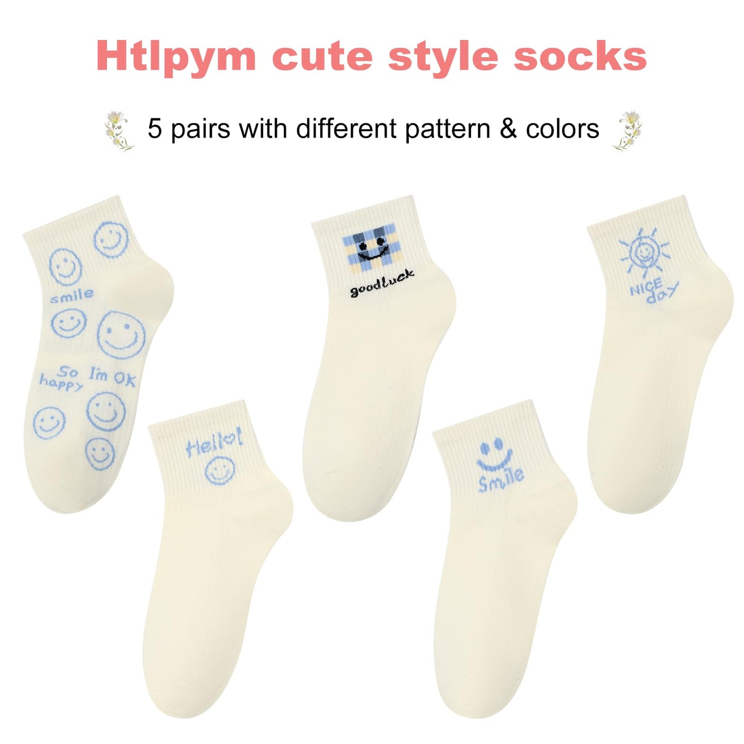 Htlpym Womens Ankle Socks 5 Pairs Novelty Crew Cute Casual Cotton Socks Colorful Patterned Short Girls Socks US 5-8