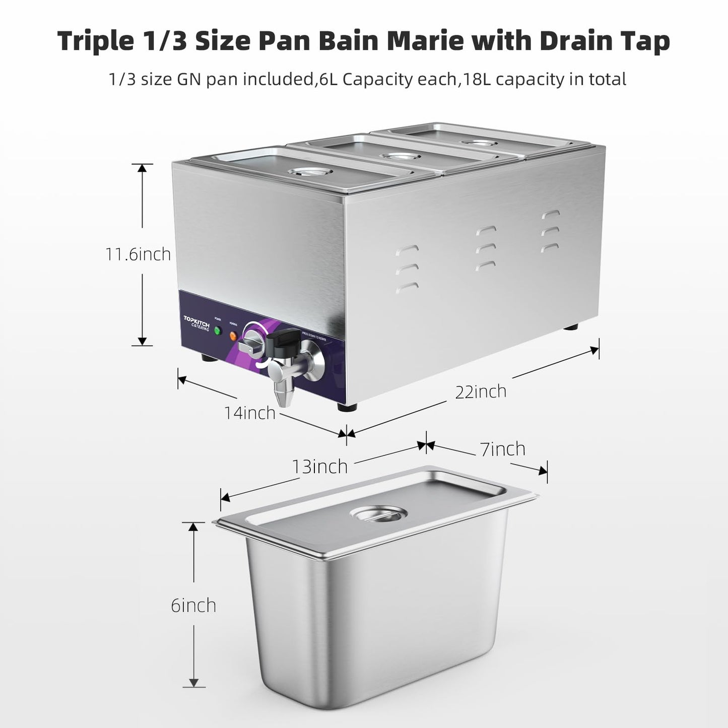 TOPKITCH 3-Pan Commercial Food Warmer with Non-Leakage Stretch-Forming Water Tank &3 of 1/3 Size GN Pan,Countertop Soup Station Bain Marie with Drain Tap for Buffet,Catering,Parties and Restaurants