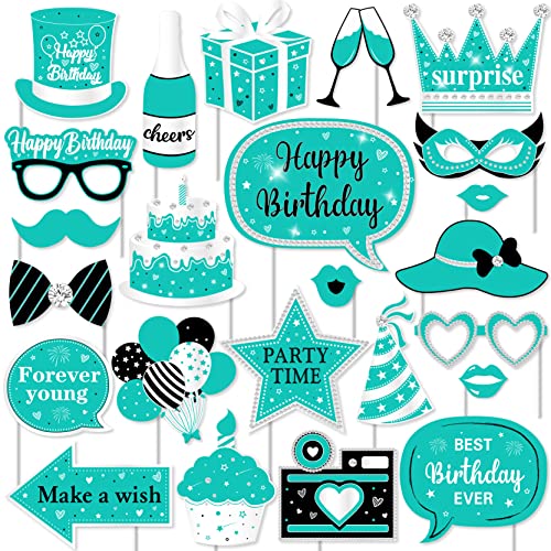 Fangleland 24PCS Turquoise Birthday Photo Booth Props, Teal Blue Happy Birthday Decorations with Forever Young Selfie Pict...