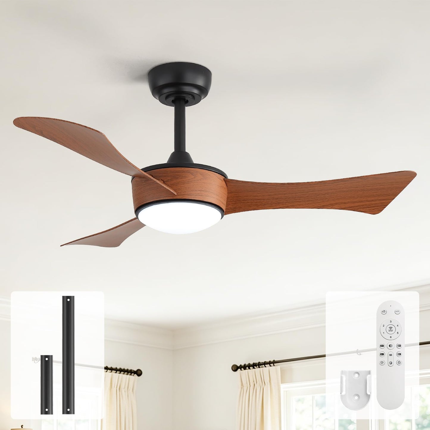Sofucor 42 Inch Ceiling Fans with Lights-Modern Brown Small Bedroom Ceiling Fan with Remote Control, Plug-in Blades Quick Install, Quiet DC Motor,Outdoor ABS Ceiling Fan for Kitchen/Living Room/Patios
