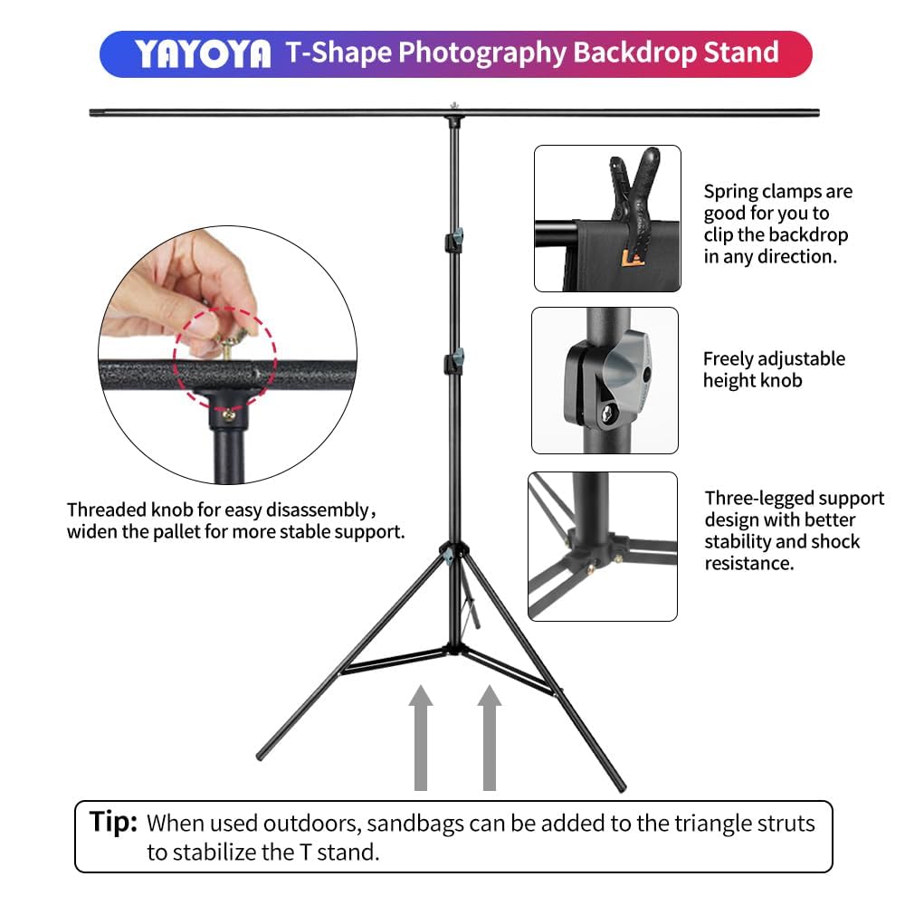 Black White Backdrop Screen with Stand Kit 5x6.5ft for Photo Video Studio, 2-in-1 Revisible Black Backdrop White Screen with T-Shaped Photography Background Support Stand and 5 Clamps