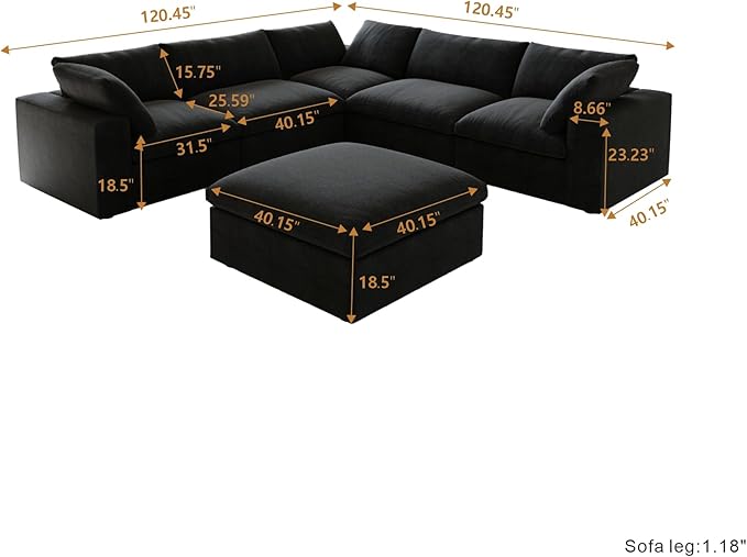 160.6'' Cloud Modular Sectional Sofa,Down Filled Comfort V Shaped Sofa Couch for Living Room,Minimalist Wide Deep Seat Convertible Couches for Office Apartment,4 Seater & 1 Corner+1 Ottoman (Black)