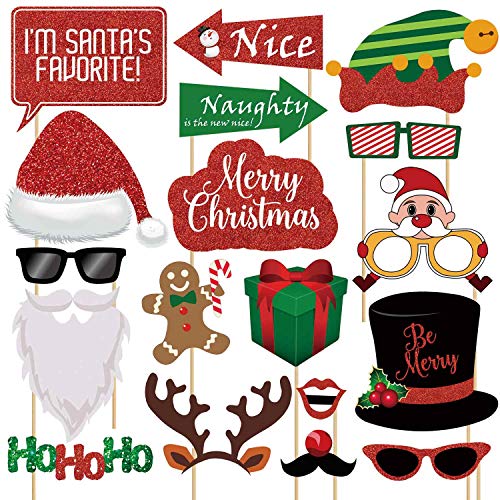 Glitter Christmas Photo Booth Props Kit - 25 Count Large Photography Party Decorations Gifts, Fun Santa Elfie Selfie Posin...