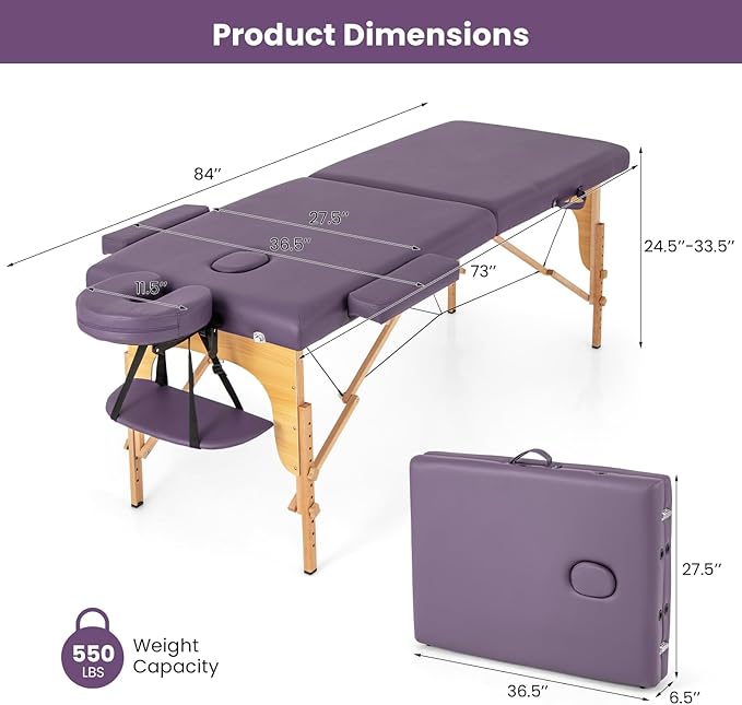 Giantex Massage Table, Portable Massage Bed w/Carrying Case, 2-Section Salon Spa Facial Care Tattoo Bed, Height Adjustable, Wood Frame, Professional Massage Lash Bed for Eyelash Extension (Purple)