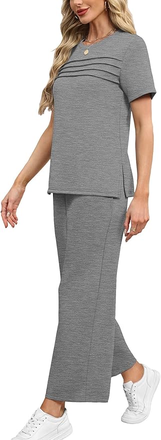 WIHOLL Two Piece Sets for Women Summer Travel Vacation Outfits Short Sleeve Lounge Sets Side Slit Wide Leg Pants S-3XL
