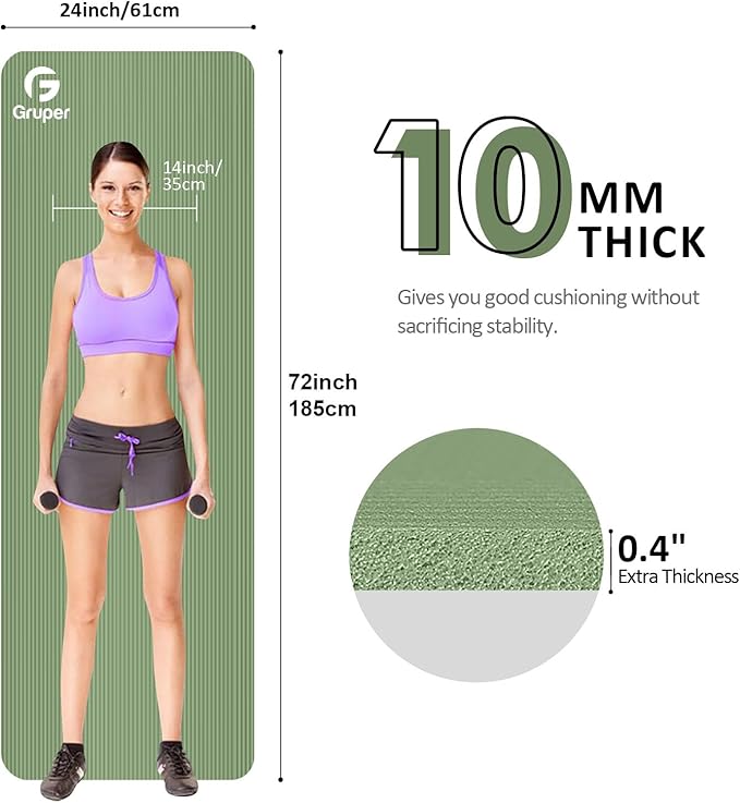 Yoga Mat Non Slip NBR Extra Thick Yoga Mat, 72"L x 32"/24"W x 0.6"/0.4"TH (185cm x 80cm/61cm x 15mm/10mm), Anti-Tear Exercise Mat with Carrying Strap and Bag, Workout Mats for Yoga, Pilates