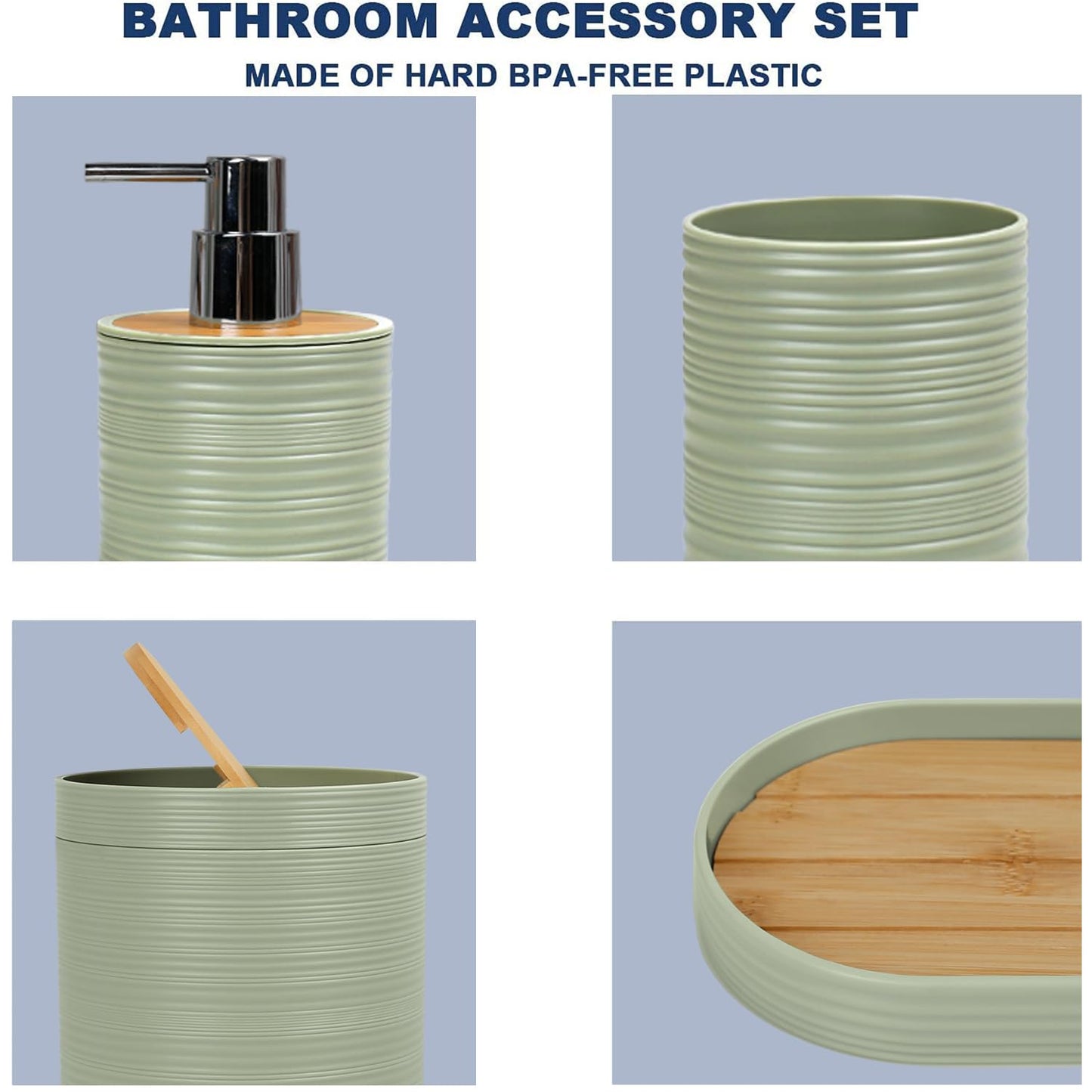 CERBIOR Bathroom Accessories Set 6 Piece Bamboo Bath Ensemble Includes Soap Dispenser, Toothbrush Holder, Toothbrush Cup, Soap Dish for Decorative Countertop and Housewarming Gift, Sriral Green
