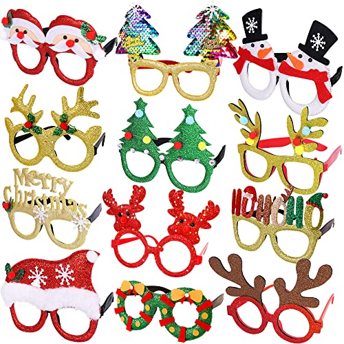 Max Fun 12Pcs Christmas Glasses Glitter Holiday Party Glasses Frames Christmas Decoration Accessories Costume Eyeglasses f...