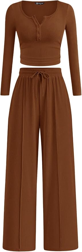 PRETTYGARDEN Women's 2026 Fall Trendy 2 Piece Outfits Lounge Sets Long Sleeve Top Henley Shirts Wide Leg Pants Travel Clothes