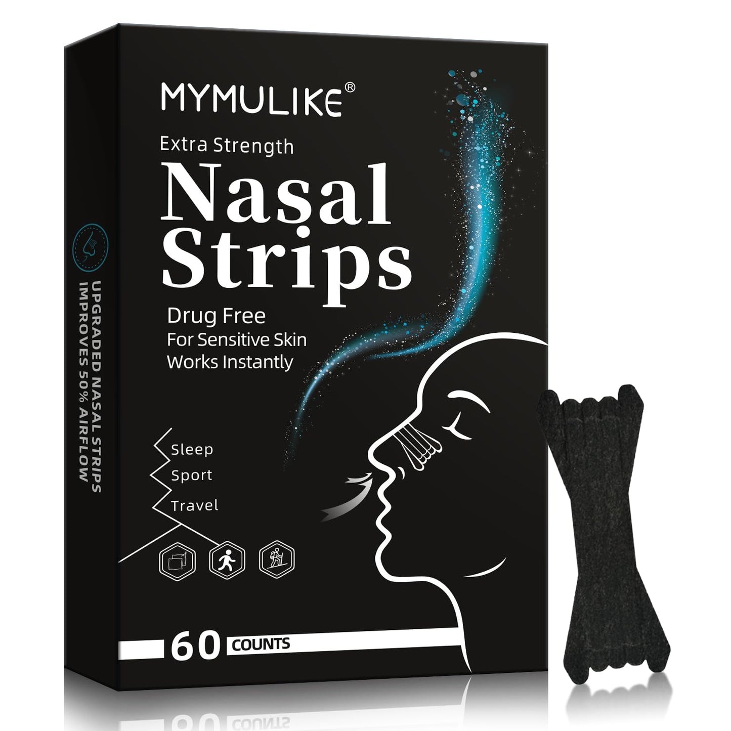 MYMULIKE Nasal Strips for Snoring, 60 Count Nose Strips for Breathing- 3X Stronger Opening | Triple Elastic Bands, Reduce Snoring & Nasal Congestion, Nose Patches for Sleep, Work, Sport, Travel