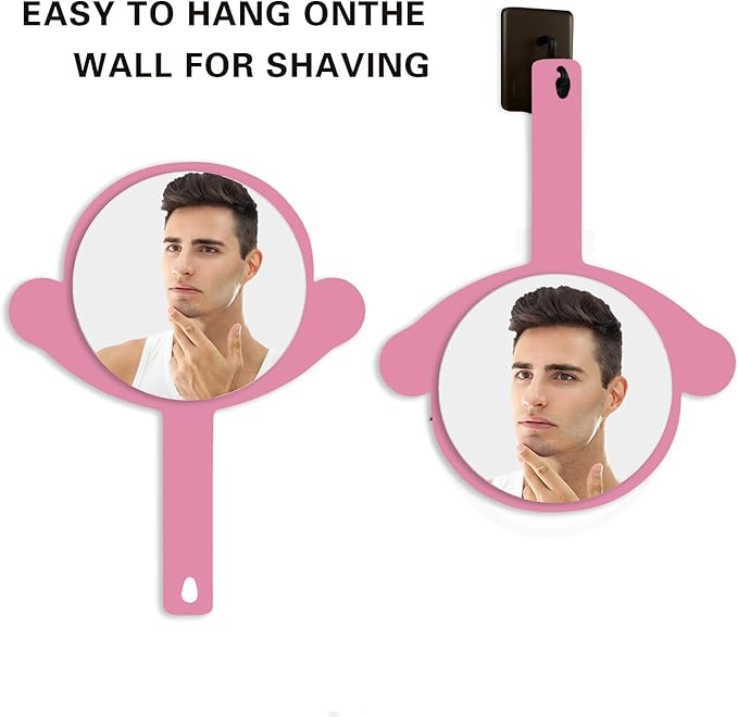 Hand Mirror, 2 Pcs Big + Small Compact Hand Mirrors with Handle, Salon Hairdressing Bathroom Barber & Makeup, Travel, Pocket-Sized Mirror, Hanging, Handheld Mirror (Pink, 7.09" Lx 9.06" W)