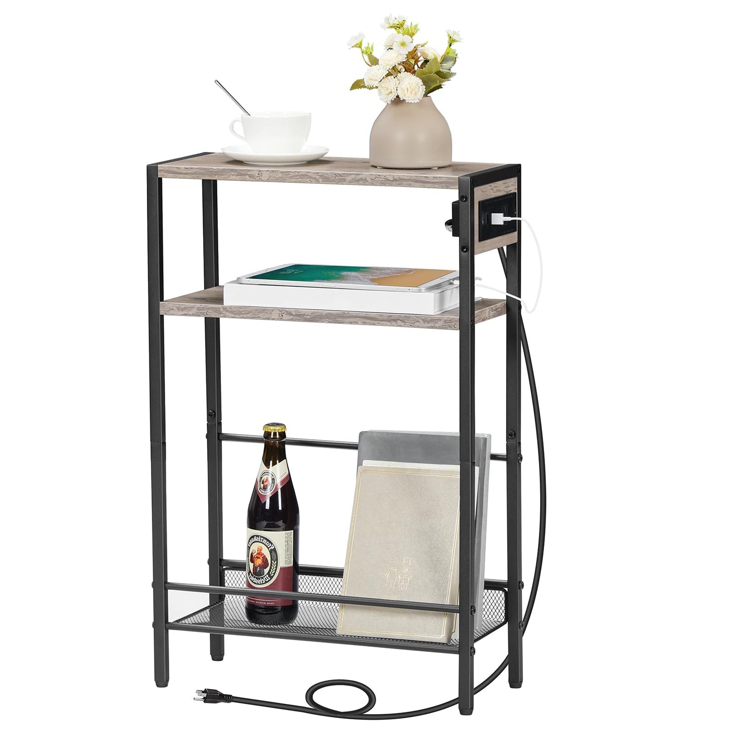 HOOBRO Small Narrow Side Table with Charging Station, Skinny End Table for Small Spaces, Slim Nightstand with USB Ports Outlet, Sofa Beside Table with Storage Shelf, Greige and Black BG102UBZ01
